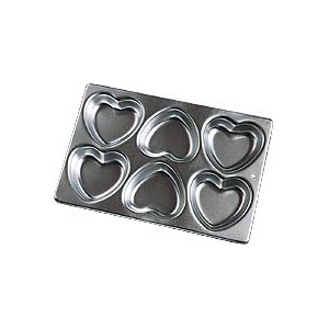 Wilton Heart Minicake Pan, each heart 3-5/8"x3-1/2"x1" deep. 6 cavities on pan