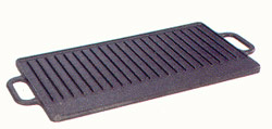 Heavy Duty Cast Iron Griddle. 9-1/2" X 17-1/2". Reversible-Flat on one side and ribbed on the other side for grilling.