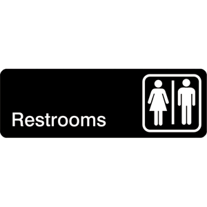 Sign: Restrooms, 3" x 9"; Black Backround, White Imprint