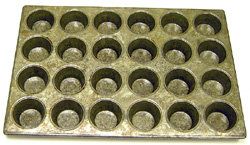 Cupcake/Muffin Pan, USED & REGLAZED, 24 Cups. Cup size: 2-3/4 dia. 1-3/8 deep. Overall size: 14 x 20-2/3