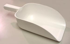 C.R. Mfg Plastic Flour Scoop, 82 oz. White. Overall Size: 14. Bowl Size: 5 X 9