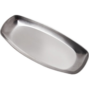 Lightweight but sturdy, bend-resistant shallow stainless steel tray. An obsolete Adcraft item available here until supply runs out. 1/2 inch high. Outer dimensions 8-5/16 inch x 4-3/16 inch. Inner fla
