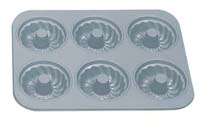 FLUTED NON-STICK PAN W/CENTER TUBE. 6 Cavities per pan. Overall pan size: 13.75 x 10.5"