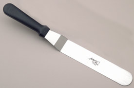 Spatula, Black Plastic Handle, offset blade, 9-3/4" X 1-1/2" wide.