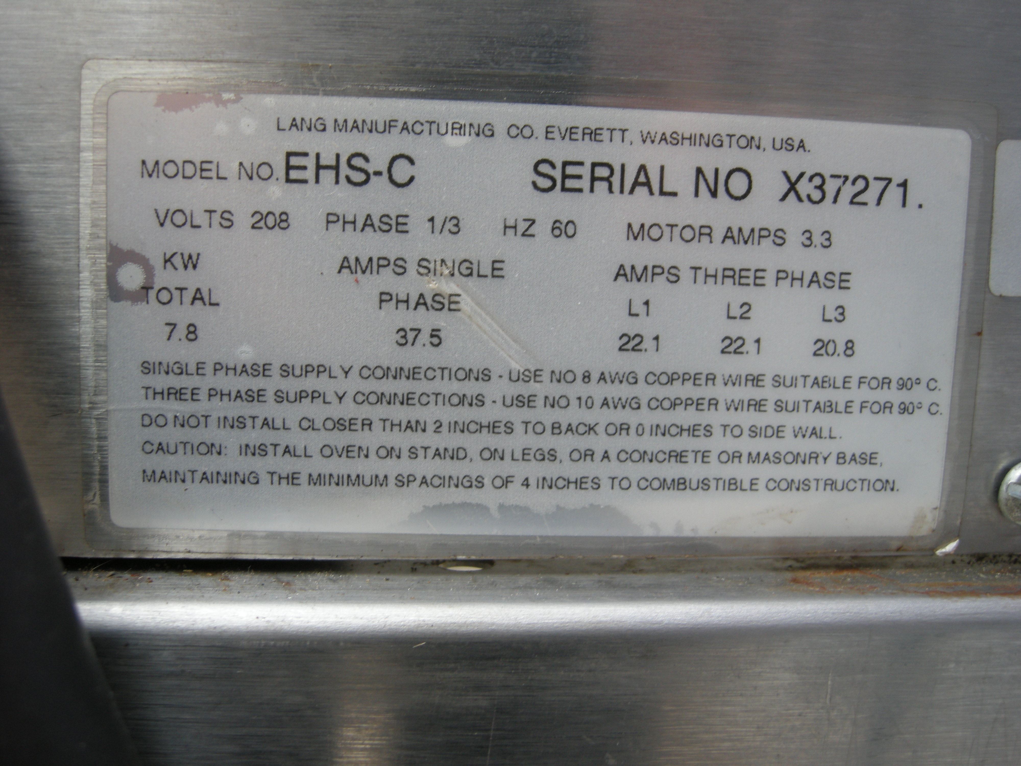 Lang Electric Convection Oven Model EHSC used Condition Used