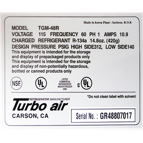 Turbo Air Refrgirated Merchandiser 48 cu. ft. Model TGM-48R