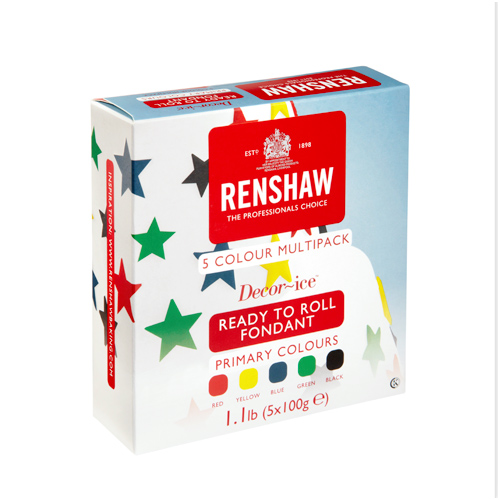 Renshaw Multipack includes the colors black, blue, green, red and yellow. Total weight 1.1 Lbs. Renshaw white and colored fondants have a light vanilla flavor. For over 100 years, Renshaw has been the