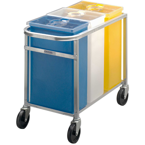 Each bin of this ingredient cart has a 21-gallon capacity and holds 55 pounds of sugar or 75 pounds of flour. Three Bin Clear Plastic Tops Ingredient Bins Plastic Construction All carts come fully ass