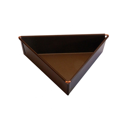 Top measurement 3-15/16 inch (100mm) Bottom measurement 3-3/4 inch (94mm) Height 1-3/8 inch (35mm) Non-stick triangular "manque" mold with the top edges rolled around reinforcing wire. Shape