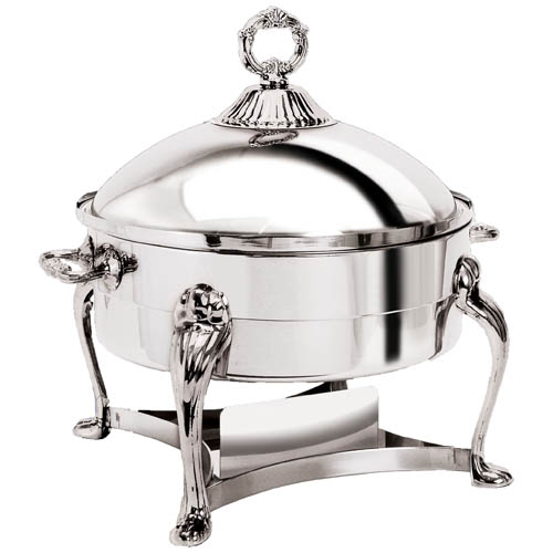 Eastern Tabletop Mfg. Eastern Tabletop Queen Anne Round Liftoff Chafer - 8 Qt. - Stainless Steel w/Brass Accents