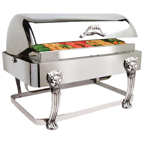 Eastern Tabletop Mfg. Eastern Tabletop Lion Rectangular Rolltop Chafer w/ Drip-Free Feature - 8 Qt. - Stainless Steel w/Brass Accents