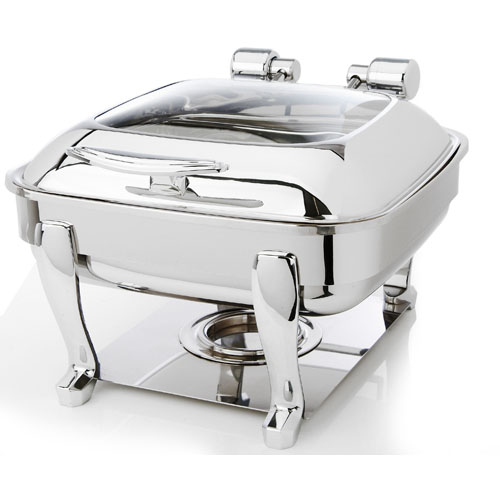 Eastern Tabletop Mfg. Eastern Tabletop Square Induction Chafer, w/ Glass Dome Cover & Stand - 6 Qt. - Silverplate