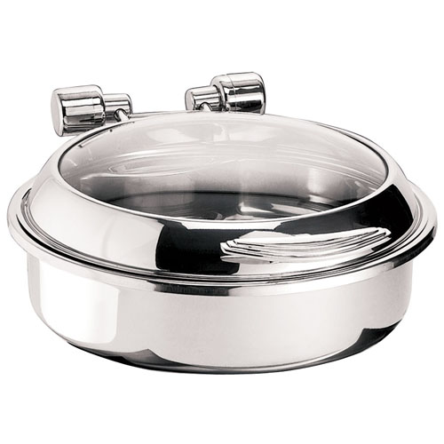 Eastern Tabletop Mfg. Eastern Tabletop Round Induction Chafer w/ Hinged Glass Dome Cover - 6 Qt. - Silverplate
