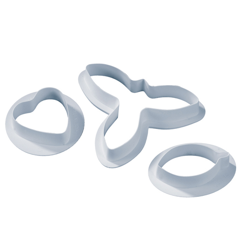 Light plastic cutters in three different shapes for forming orchid petals out of gumpaste. Heart shape is 1-5/16 inch x 1-5/16 inch (34 millimeters x 34 millimeters). Lemon shape is 1-1/4 inch x 2-3/8
