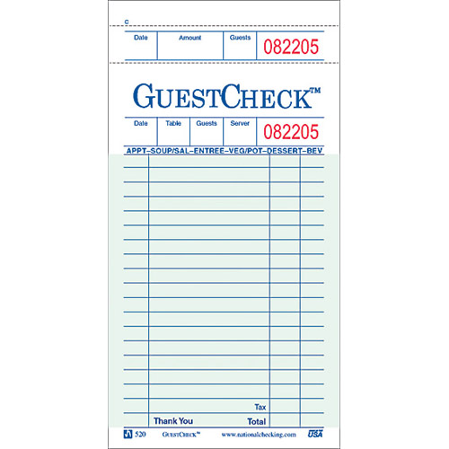 unknown Guest Check, Single Copy, Thick Paper, 1 Book of 50 Checks