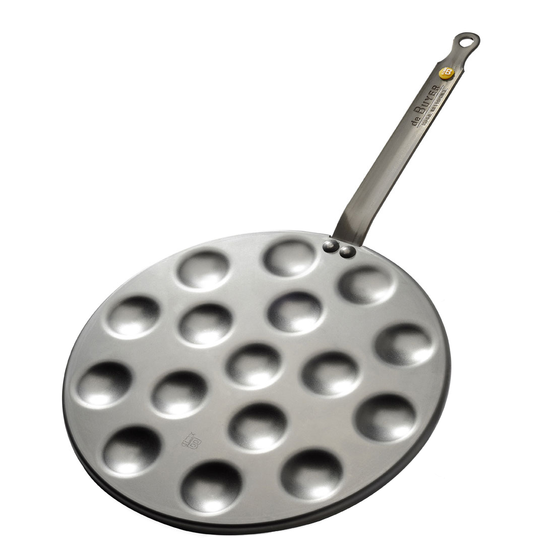 Introduced by the Dutch, poffertjes look like small pancakes and are light and fluffy. Read more at Wikipedia. This poffertjes pan has 16 shallow cavities, each 1-9/16 inch (40mm) diameter. Pan is 10-