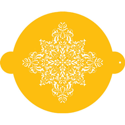 (For side of cake, see item #C068) <lu> These designs are made of 10 mil polystyrene in a one layer stencil. This Decorating Stencil can be used with royal icing, fondant, butter-cream, chocolate or a