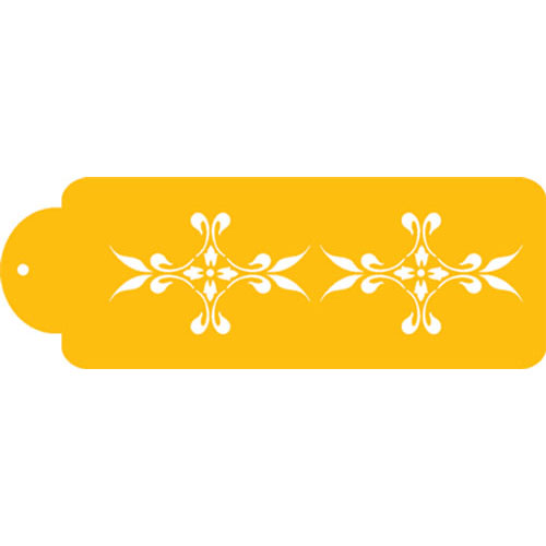 <lu> This French Medallion side design, measuring 2.5"H x 8.7"W in finished size, is made of durable 10 mil food grade plastic for high-quality, professional, repeat use. This beautiful Fren