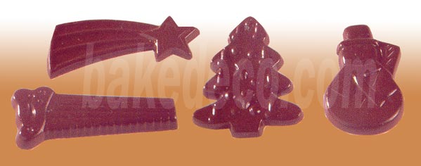 unknown Polycarbonate Chocolate Mold: Snowman, Tree, Saw & Shooting Star. 45mm to 55mm Each Shape.  2mm High