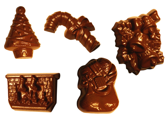 unknown Polycarbonate Chocolate Mold: Christmas-Eve Living Room, 15 Cavities: 5 Shapes, 3 of Each