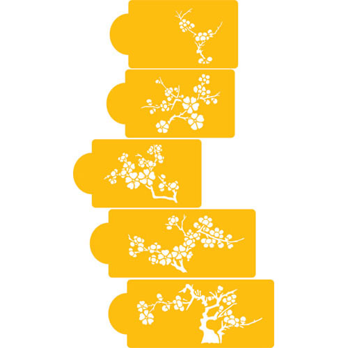 This beautiful cherry blossom cake stencil set is made up of five patterns. The measurements are as follows: Top Tier (C441) measures 3.6 inch H x 3.2 inch W, Tier #2 (C442) measures 3.9 inch H x 5.2 