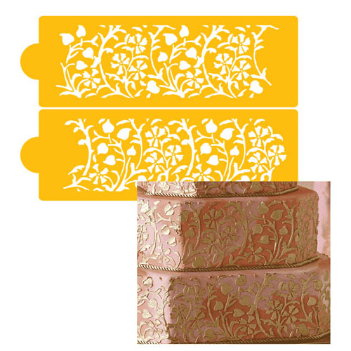 This beautiful climbing vine and floral design is made of two different cake stencils. Each stencil measures 4"H x 12-1/4"W. This stencil is cut out of a durable 1-layer 10 mil food-grade po