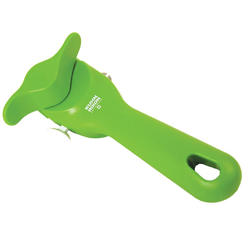 Kuhn Auto Safety Lidlifter Textured plastic body and knob Stainless cutting wheel Mini pliers on side of opener head Button (other side of opener head) for pressing or letting go of pliers The Auto Sa