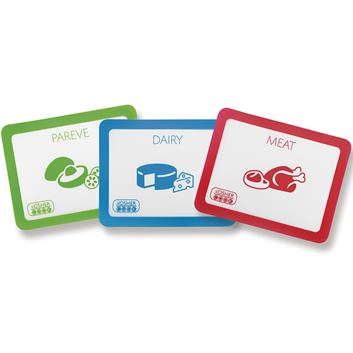 The Kosher Cook Flex-Board flexible cutting-board set 1 meat, 1 dairy, 1 pareve Three bendable cutting boards with The Kosher Cook logo and word MEAT on red mat, DAIRY on blue mat and PAREVE on green 