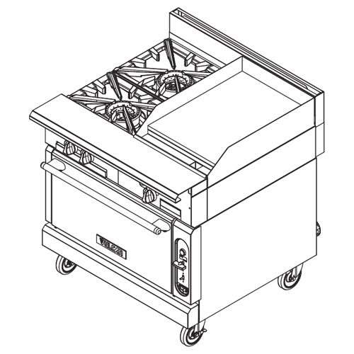 Vulcan Heavy Duty Gas Range 36″, 2 Burners, 18″ Manual Griddle – Modular Frame