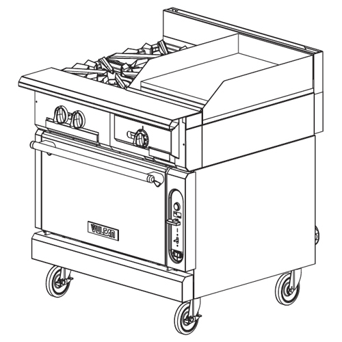 Vulcan Heavy Duty Gas Range 36″, 2 Burners, 18″ T-Stat Griddle – Cabinet Base