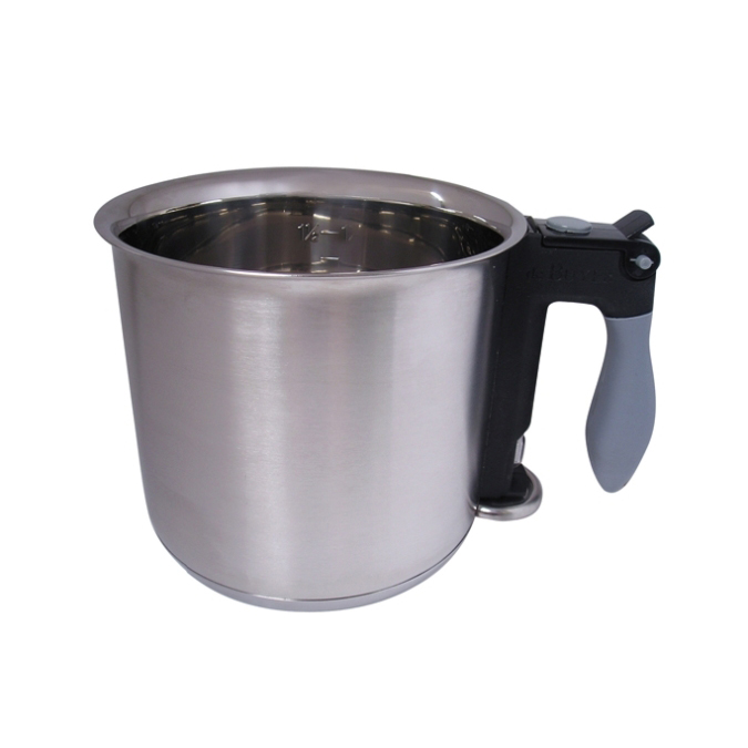 Water enters plastic handle and flows under the upper pot Facilitates slow and even heating Diameter: 6.25 inch, Capacity: 1.5 quarts Material: Stainless steel and plastic Chocolate Warmer