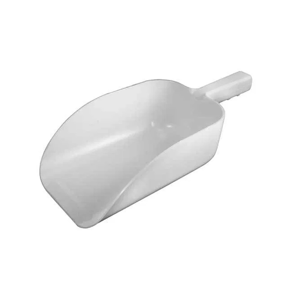 C.R. Mfg Plastic Flour Scoop, 82 oz. White. Overall Size: 14". Bowl Size 5" x 9"
