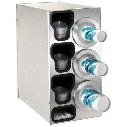 Dispense-Rite BFL-C-3RSS Countertop 4-Cup Dispensing S/S w/ Built-In Lid & Straw Organizer - Right