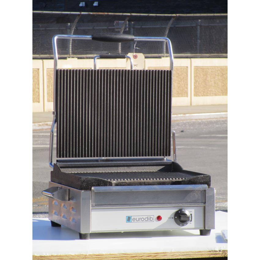 Eurodib SFE02345-240 14 1/2" Single Panini Grill with Grooved Plates, Excellent Condition image 1