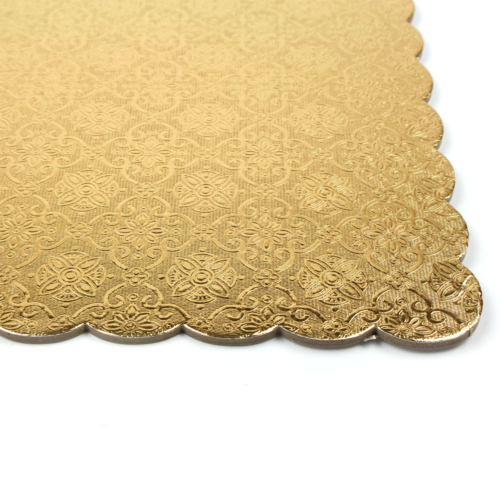 Gold Scalloped Square Cake Board, 10" x 3/32" Thick, Pack of 5 image 1