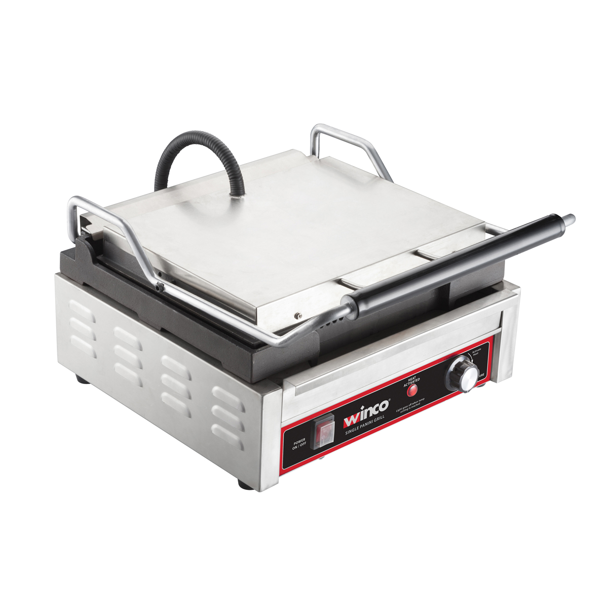 Winco EPG-1C Italian Style 14" x 12" Ribbed Plate Electric Countertop Single Sandwich / Panini Grill image 1