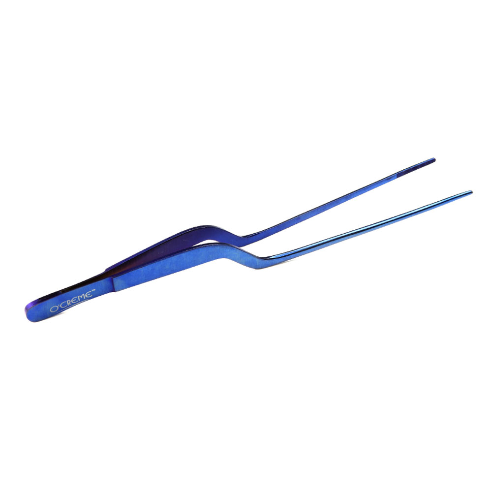 O'Creme Blue Stainless Steel Fine Tip Offset Tweezers, 8"  image 1