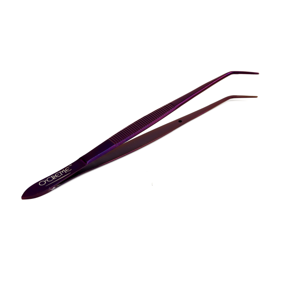 O'Creme Stainless Steel Purple Curved Fine Tip Tweezers, 6.25"  image 2