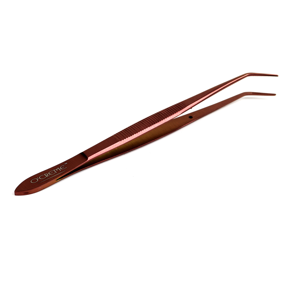 O'Creme Stainless Steel Rose Gold Curved Fine Tip Tweezers, 6.25"  image 2