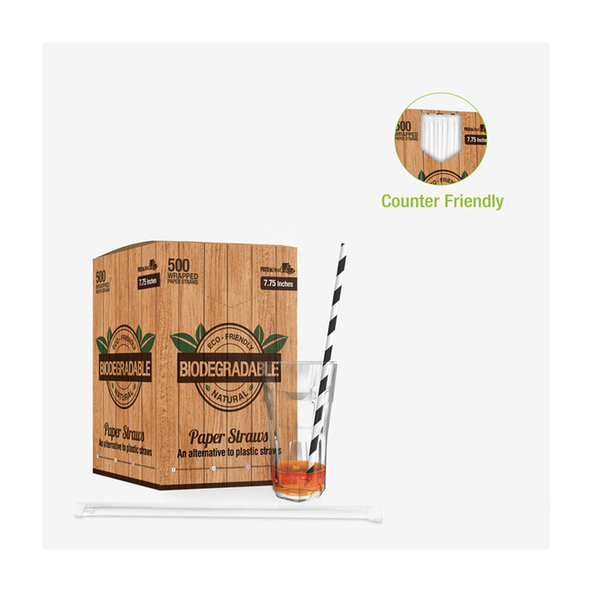 Packnwood Durable Wrapped Black & White Striped Paper Straws, .2" Dia. x 7.75", Case of 3000 image 2