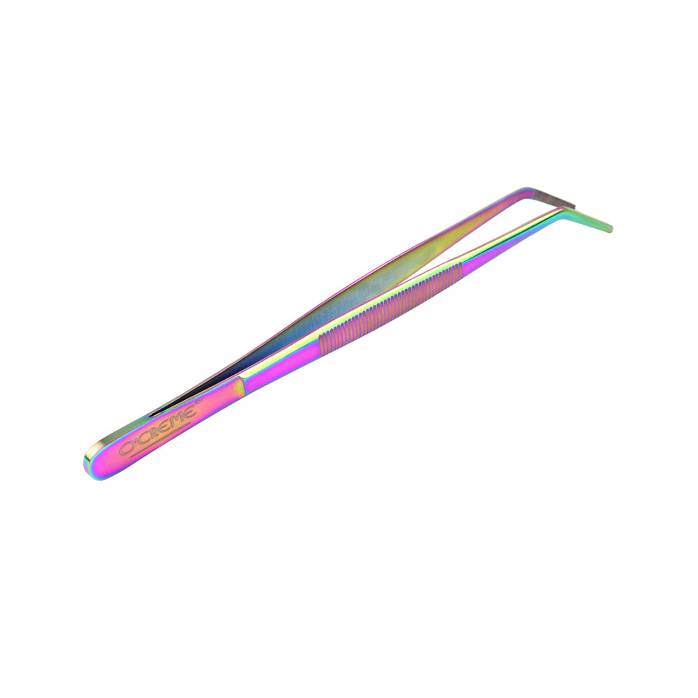 O'Creme Oil Slick Stainless Steel Curved Tip Tweezers, 8" image 1