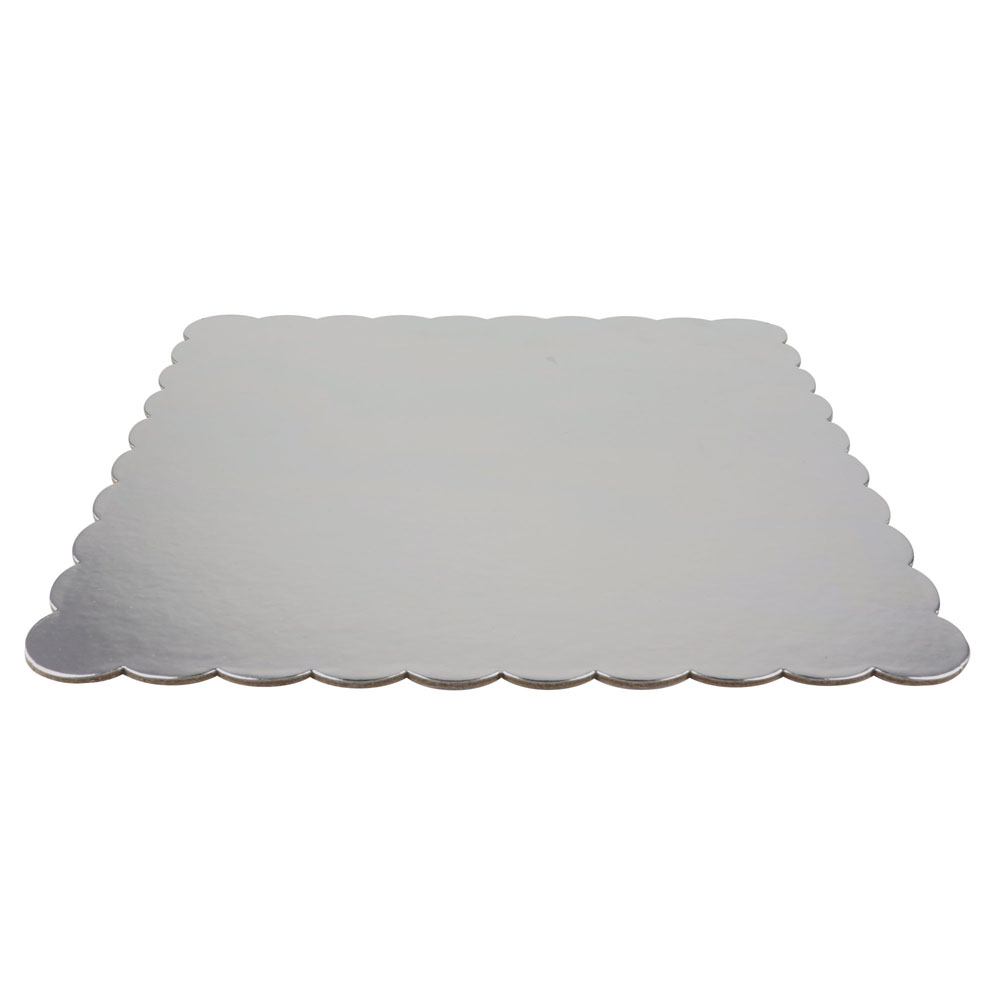 O'Creme Silver Scalloped Square Cake Board, 9-7/8" x 3/32" Thick, Pack of 5  image 1