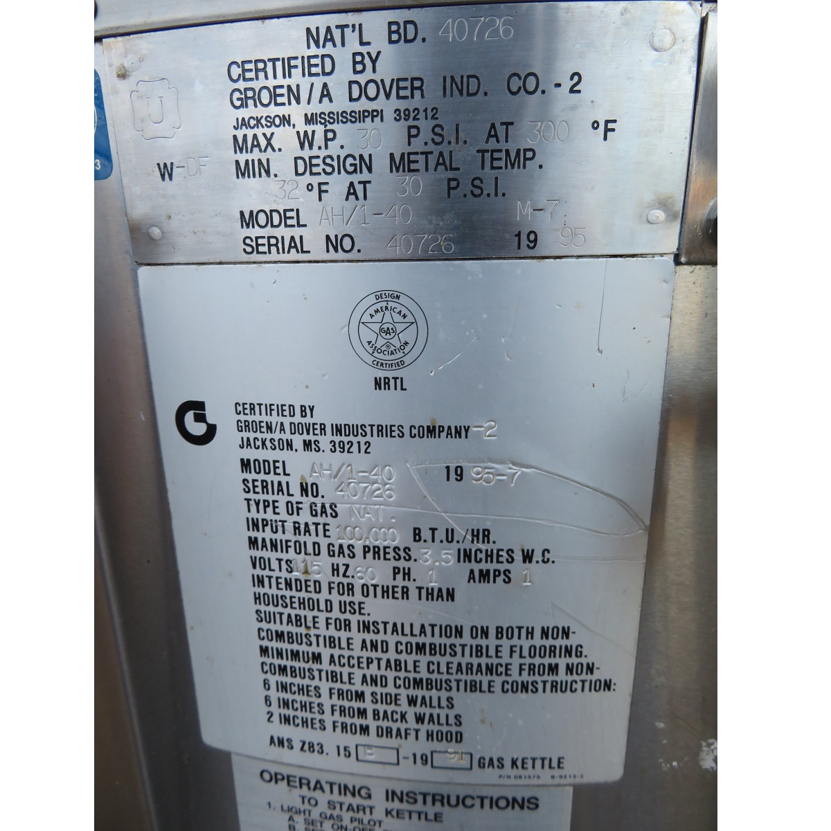 Groen AH/1-40 Steam Jacketed Gas Floor Kettle 40 Gallon, Used Great Condition image 5