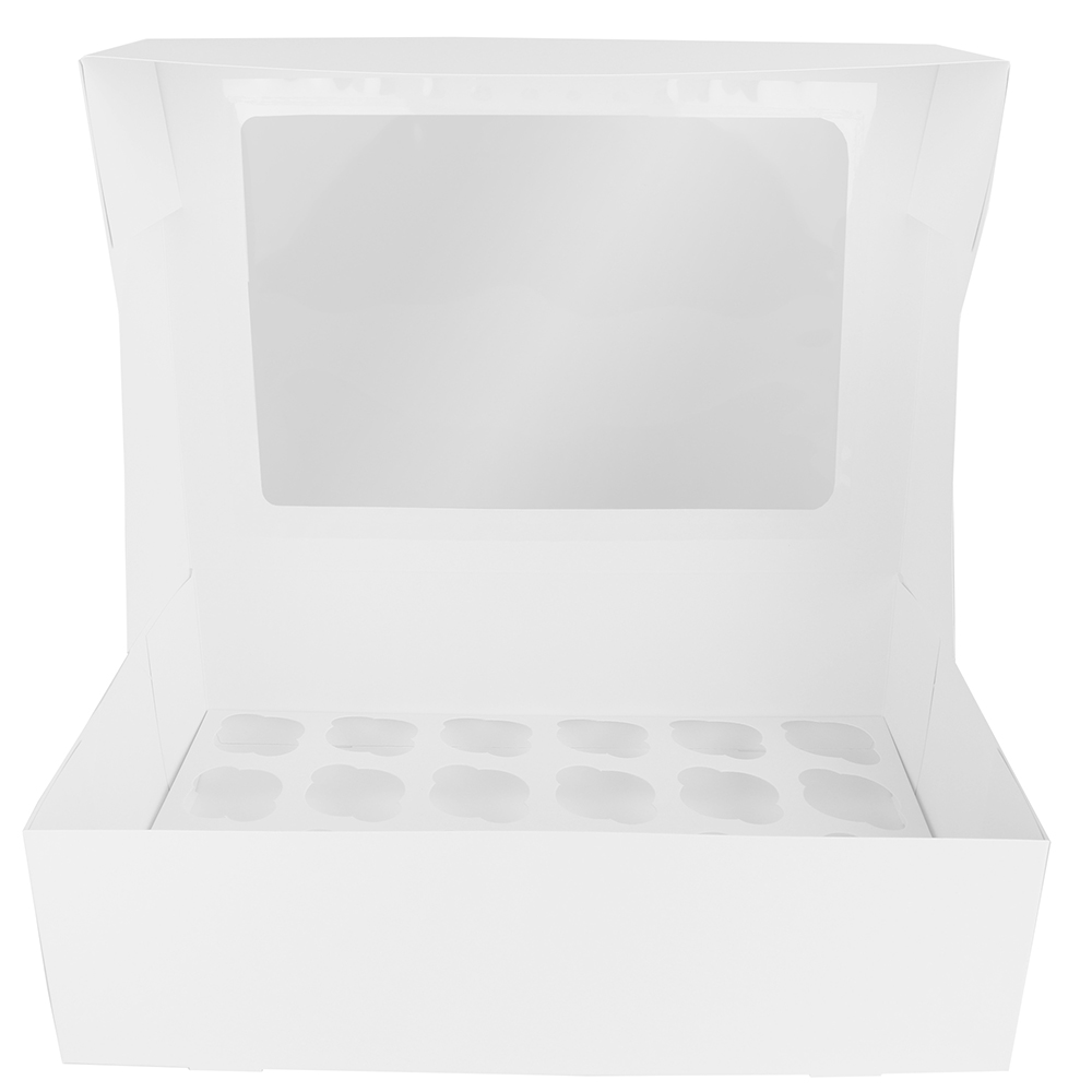 O'Creme White Cupcake Box with Window, Insert Included, 14" x 10" x 4" - Pack of 5 image 1