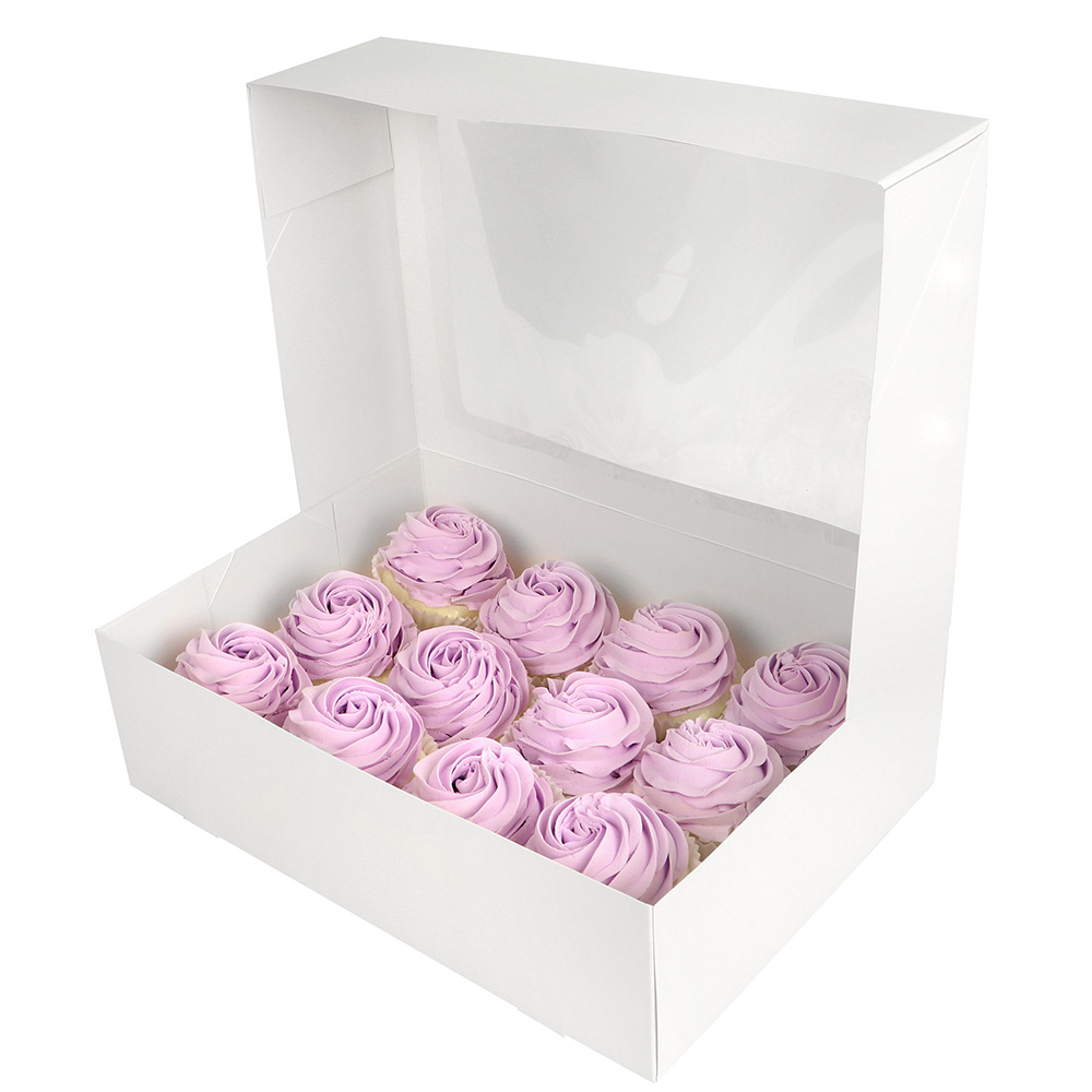 O'Creme White Window Cake Box with Cupcake Insert, 14" x 10" x 4" - Pack of 5 image 3