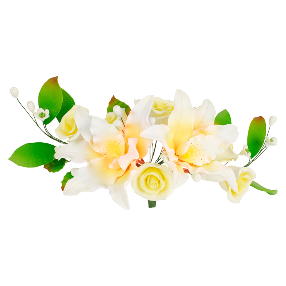 O'Creme Yellow and White Rose & Miltonia Orchid Gumpaste Flower Spray image 1
