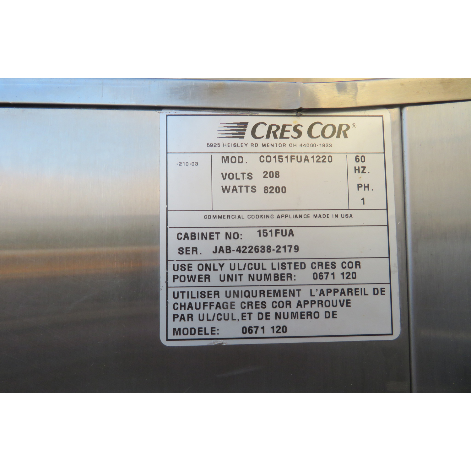 Cres Cor C0-151-FUA-1220 Cook & Hold Oven, Used Good Condition image 7