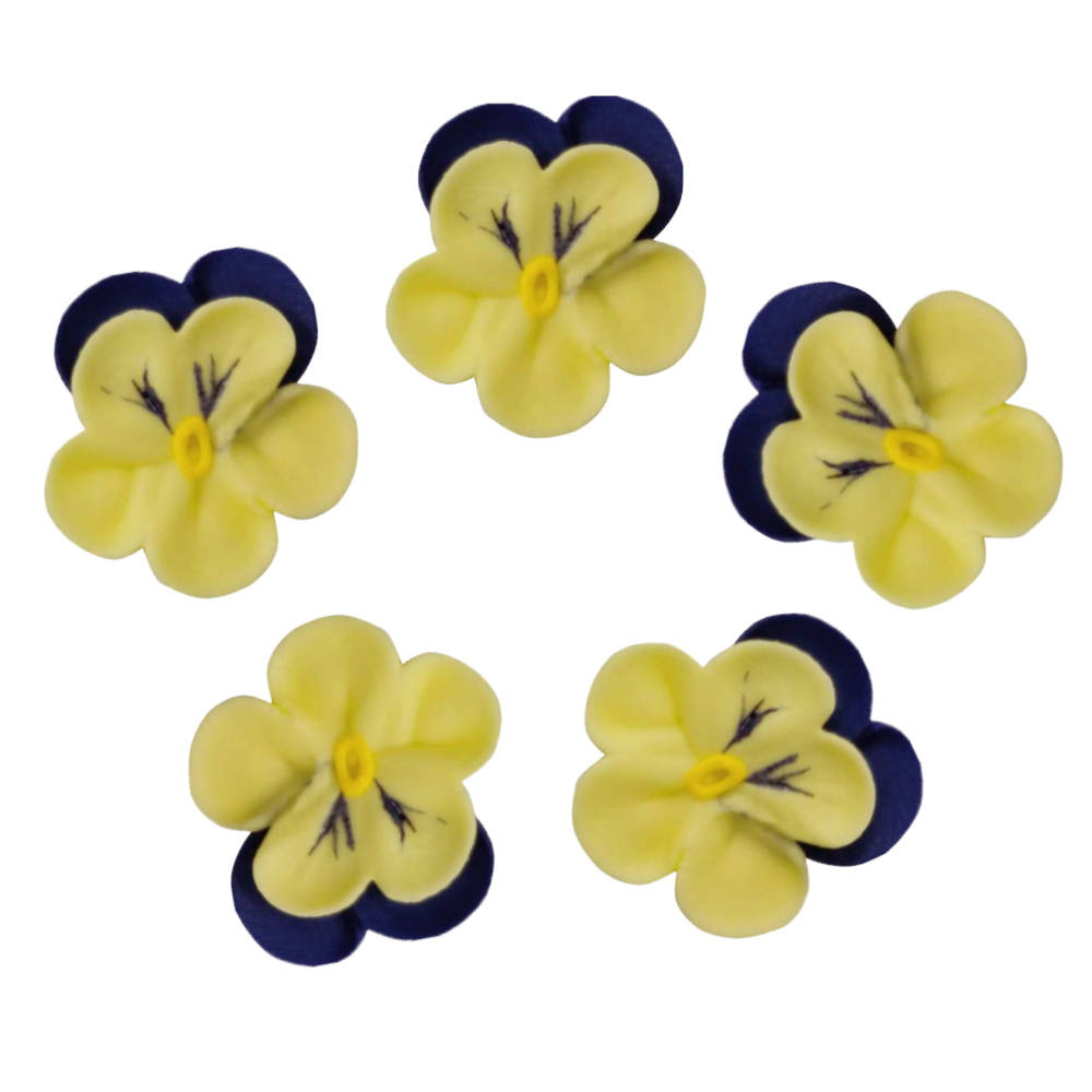 O'Creme Yellow with Purple Trim Pansy Royal Icing Flowers, Set of 16 image 1