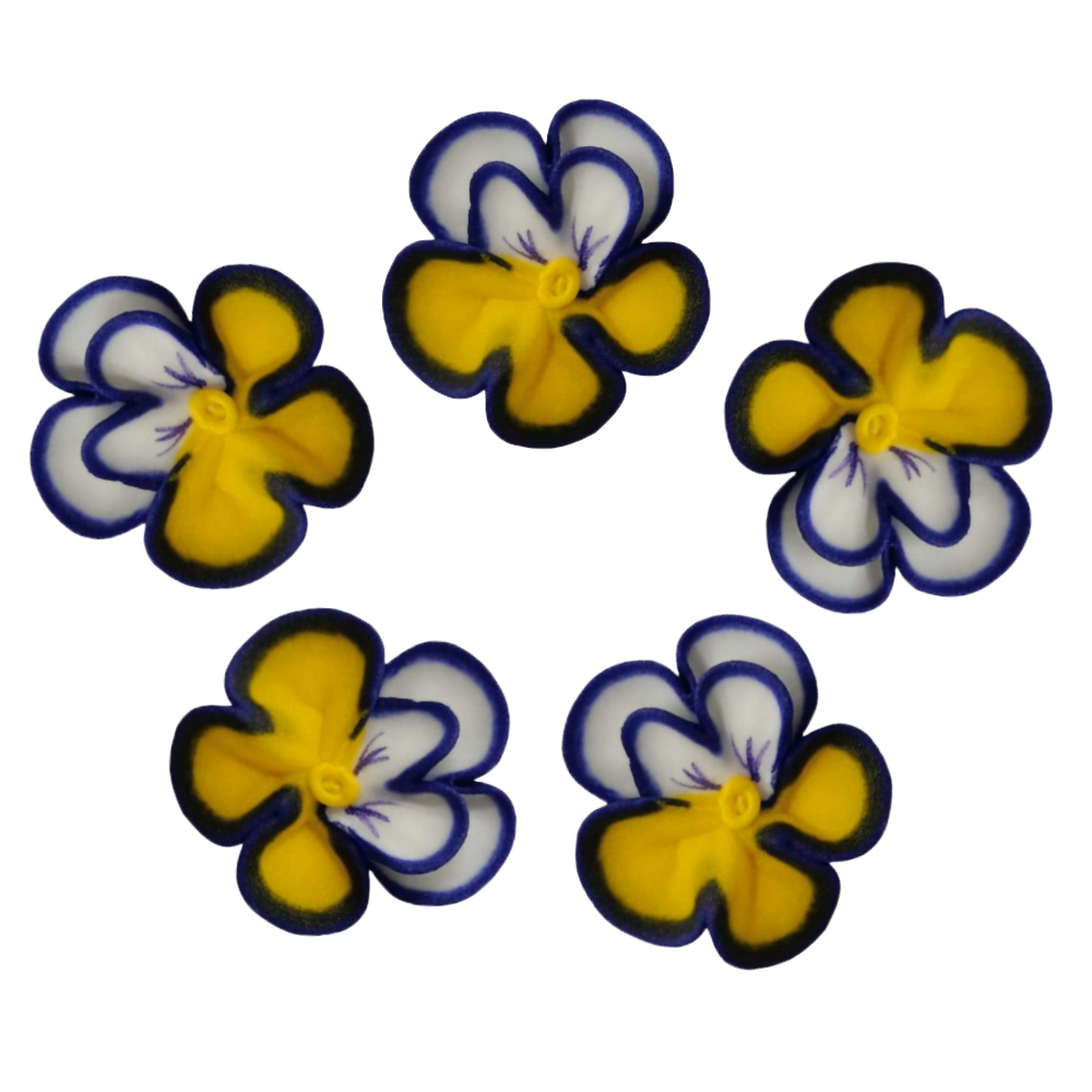 O'Creme Yellow, White & Blue Pansy Royal Icing Flowers, Set of 16 image 1