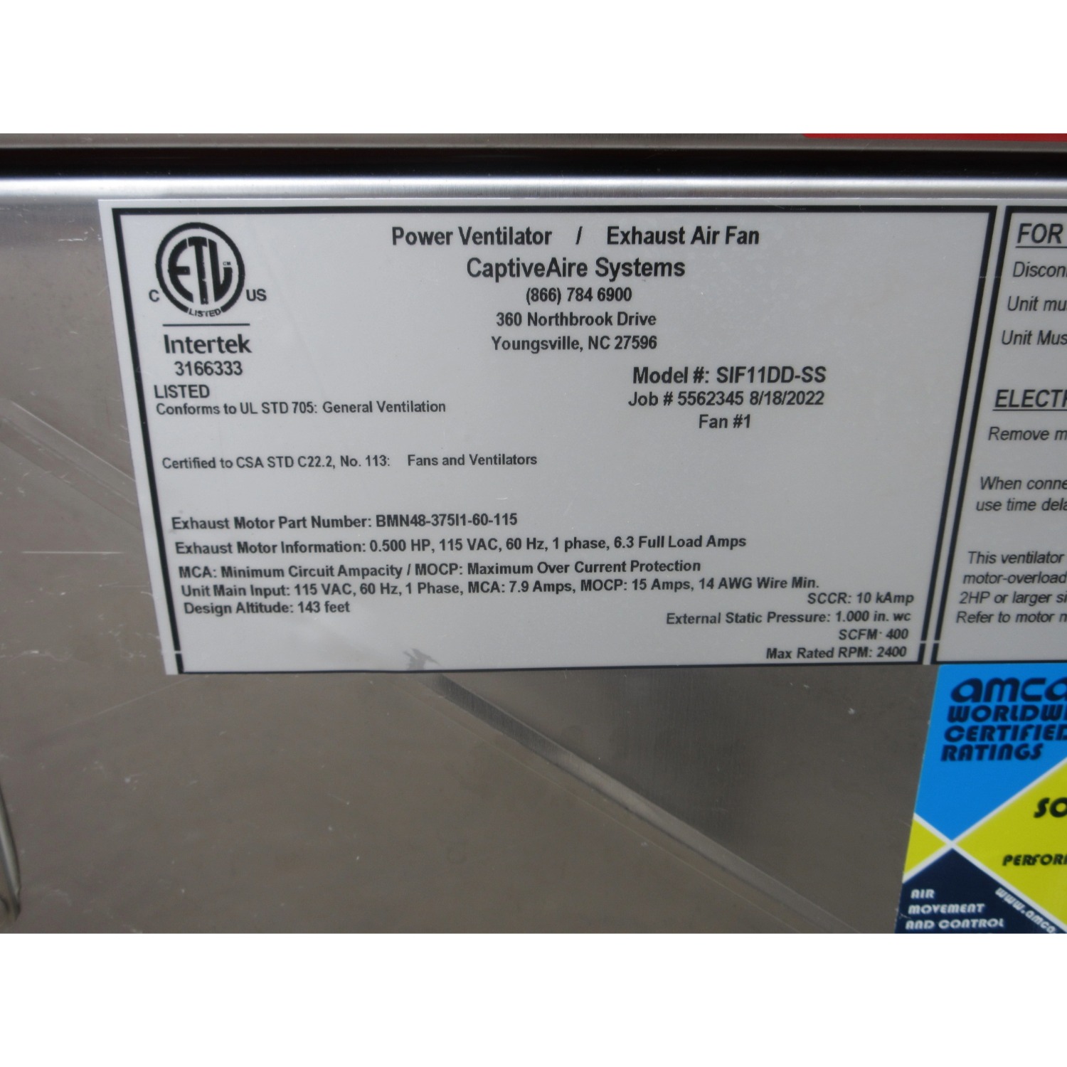 CaptiveAire SIF11DD-SS Exhaust Fan, Used Excellent Condition image 3